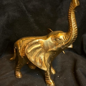 May include: A golden brass elephant ornament with its trunk raised. The elephant has detailed features, including wrinkles and textured skin. The figurine is a decorative item, likely for a shelf or desk.