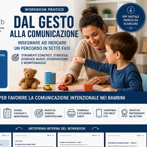May include: A workbook titled "Dal Gesto Alla Comunicazione" with the text "Teach to Indicate in Seven Steps." The cover features a mother and child, along with a teddy bear and toy cars. The workbook is designed for parents, educators, and professionals.