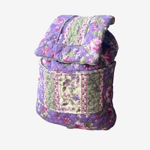 Vintage Quilted Backpack with Pockets and Pretty Purple and Green Floral Fabrics