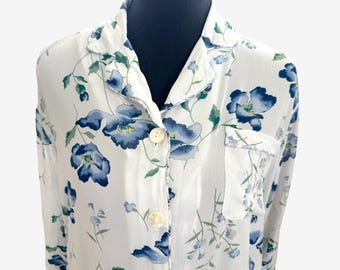 Sweet Blue Floral Silk Pajamas in Women's Size M