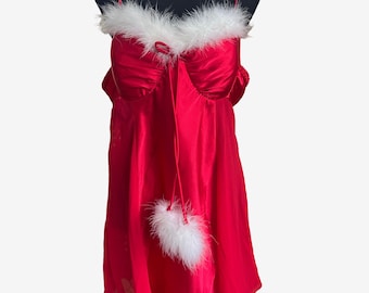 Vintage Cinema & Etoile Red Satin Teddy with Feather-Lined Neck and Feather Pom Poms Size Large