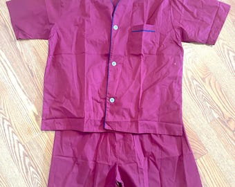 Vintage 80s Grandpa PJs Top with Snap-Up Shorts Cool and Roomy  in Maroon by Deluxe Men's XL