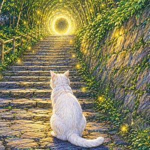 Magic Portal Coloring Page | White Cat and Firefly Path in a Japanese Forest | Printable Digital Download