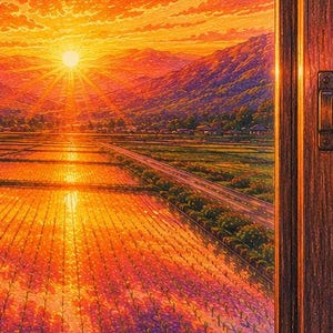 Pode incluir: Uma vista através de uma moldura de janela de madeira mostrando um pôr do sol vibrante sobre uma paisagem rural. A cena apresenta campos de arroz inundados refletindo a luz laranja e amarela, com montanhas distantes sob um céu brilhante.