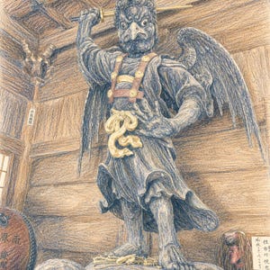 May include: A colored pencil drawing of a dark-skinned Tengu statue with wings, a bird-like beak, and a sword held above its head. The figure wears a gold-colored chest harness and a waist ornament, standing on a rock base within a wooden structure.