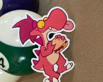 Adesivo del dinosauro rosso affamato che si fa servire da hamburger