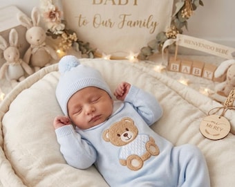 Conjunto de ropa para recién nacido niño, pelele de algodón azul cielo, estilo español, hipoalergénico, primera prenda para el hospital.