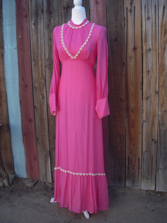 open lace back dress 1960s Hot Pink Chiffon Party Dress with Silver Lamé Waistline | Disco main image 1
