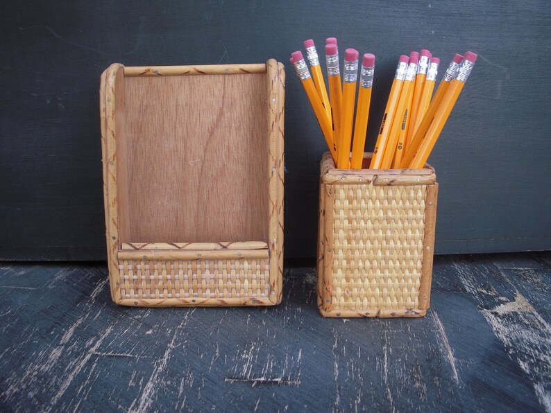 Vintage Wicker And Bamboo Handmade Desk Set Etsy