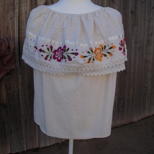 Vintage Gauzy off shoulder Mexican embroidered top image 1