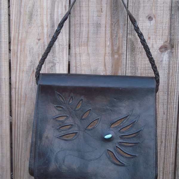 True Vintage black leather shoulder-bag Southwest  hand tooled  turquoise accent