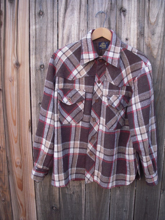 Vintage 70's heavy flannel plaid shirt/jacket Mon… - image 1