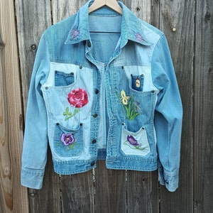 Vintage hand embroidered patchwork denim jacket