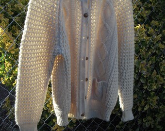1970s Handknit Wool Fisherman Cardigan | Vintage Cream