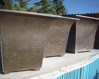 Large Vintage Copper and Brass etched planters Chinoiserie