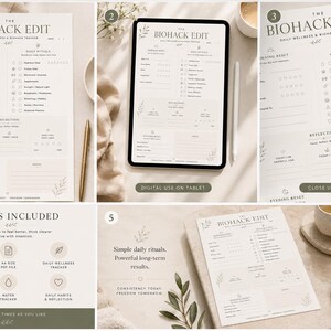 Op de afbeelding: De Biohack Edit dagelijkse wellness- en biohacker tracker. De tracker bevat secties voor dagelijkse rituelen, reflectie en avondreset. Het ontwerp is minimalistisch met een neutraal kleurenpalet en botanische accenten.