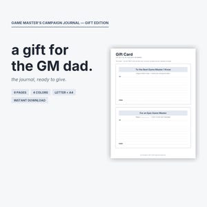 Könnte beinhalten: Ein digitales Kampagnen-Journal für Spielleiter, Geschenk-Edition, mit dem Text: a gift for the GM dad. The journal, ready to give. 9 Seiten, 4 Farben, Letter + A4, Sofort-Download. Enthält eine druckbare Seite mit zwei Geschenkkarten-Vorlagen.
