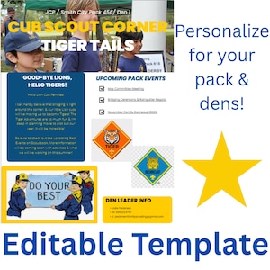 以下が含まれることがあります： テキスト、イベントリスト、グラフィックを含む編集可能なCub Scout Corner Tiger Tailsテンプレート。テキスト付きの青いボックス、Tigerのひし形エンブレム、Bobcatのひし形エンブレム、Do Your Bestのイラスト、黄色の星のグラフィックが含まれています。