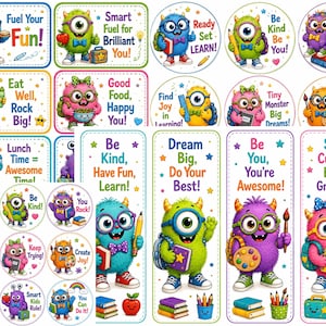 May include: A collection of rectangular and circular stickers and bookmarks featuring colorful cartoon monsters with glasses, backpacks, and school supplies. Each item includes motivational text like Fuel Your Fun, Be Kind, and Dream Big, Do Your Best.