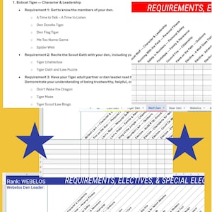 May include: A digital spreadsheet document titled Tiger Rank First Grade, listing required adventures like Bobcat Tiger, Character and Leadership, and various den activities. It includes tables for Wolf Den and Webelos requirements with blue star graphics.