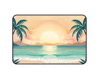 Retro Beach Sunset Desk Mat | Tropical Palm Tree Mouse Pad | Large Office Desk Pad | Coastal Workspace Decor | Beach Lover Desk Accessory