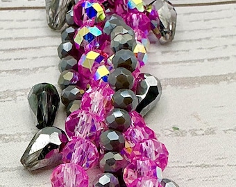 Fuchsia Rain Charcoal Pink Grey Rondelle Glass Bead Tear Drop Jewelry Making Supplies