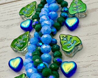 Enchanted Forest Heart Czech Glass Leaf Bead Rondelle Green Blue Jewelry Making Supplies