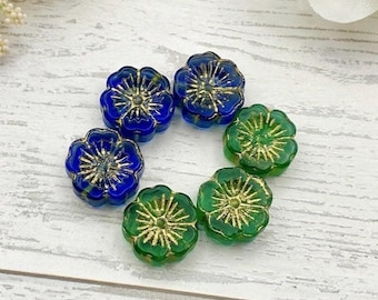 Czech Glass Blue Green Flower Beads 12mm Gold Accents Floral 21 Pieces