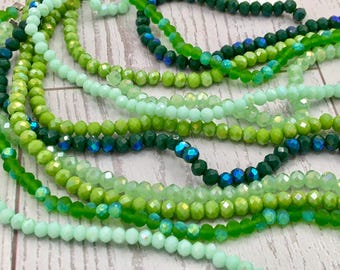 Green Faceted Glass Rondelle Beads, Jade Forest Mint Moss, Six Strands, 712 Pieces