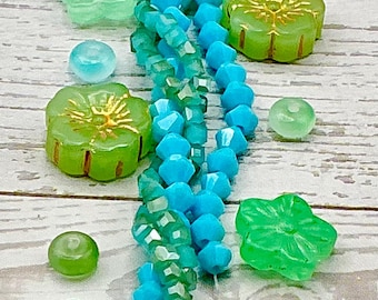 Seafoam Blossom Garden Glass Cube Bicone Bead Czech Flower Mint Green Jewelry Supplies
