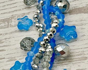 Celestial Starlight Blue Star Czech Glass Bead Rondelle Faceted Silver Round Jewelry Supplies