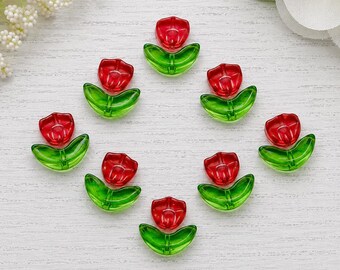 Red Glass Tulip Beads Green Leaf Stems Matching 2-Piece Set 12 Pairs