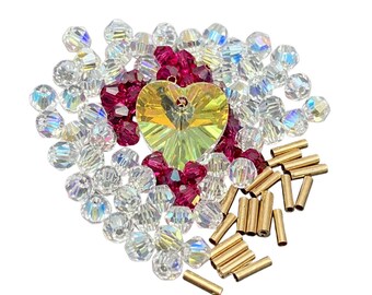 Crystal AB Bicones, Preciosa Pink Beads, Gold Bugles, Heart Pendant Jewelry Supplies