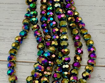 Peacock Iris Iridescent Rainbow Glass 4mm Faceted Rondelle Metallic Beads Strand Jewelry Making