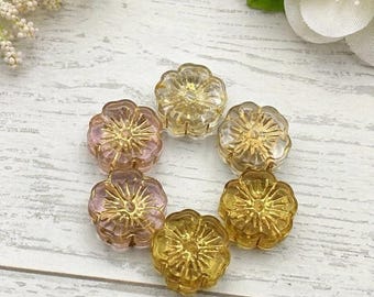 Czech Glass Flower Beads 12mm Pink Yellow Gold Floral Bead Mix 26 Pieces