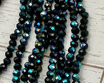 Midnight Aurora Black AB 3mm Faceted Glass Rondelle Beads Jewelry Making Strands