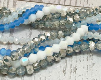 Blue Ivory Glass Bead Bundle, Faceted Rounds Bicones Rondelles, Five Strands, 556 Pieces