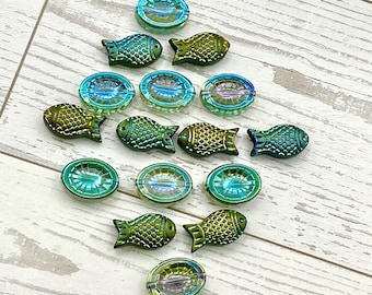 Czech Glass Fish Starburst Beads 14mm 15mm Aqua Green Iridescent Specialty Bead Mix