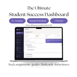 Pode incluir: Um laptop exibindo um painel de controle de sucesso estudantil com o texto "The Ultimate Student Success Dashboard". Possui 12 seções, download instantâneo e 3 temas. O painel ajuda a acompanhar tarefas, notas, flashcards e cronômetros de foco.