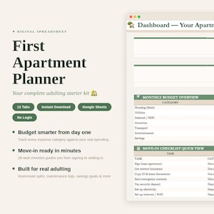 First Apartment Planner Spreadsheet College Moving Checklist Budget Tracker, Roommate Bill Split, Savings Goal Tracker First Home Moving Out