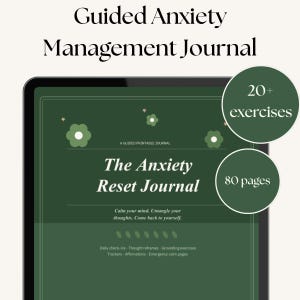 Peut inclure: Un journal numérique imprimable intitulé "The Anxiety Reset Journal" avec une couverture vert foncé. Le journal comprend plus de 20 exercices et 80 pages. Le texte sur la couverture se lit comme suit : "Calmez votre esprit. Démêlez vos pensées. Revenez à vous-même."