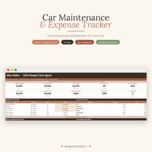 May include: A digital Car Maintenance & Expense Tracker spreadsheet for Excel and Google Sheets. The interface displays a 2021 Honda Civic Sport dashboard with 14 tabs, 50+ formulas, and columns for expenses, dates, and categories in brown and white.