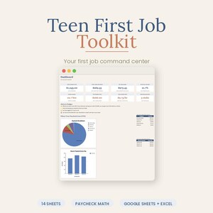 May include: A digital Teen First Job Toolkit command center dashboard featuring financial data, a pie chart, and a bar graph. The interface includes text labels for paycheck math, 14 sheets, and compatibility with Google Sheets and Excel software.