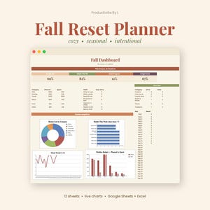 Könnte beinhalten: Ein digitales Fall Reset Planner Dashboard mit einer Fall Dashboard Überschrift, Budgetverfolgung, Gewohnheitslisten und Datenvisualisierungen wie Tortendiagramm, Balkendiagrammen und Liniendiagrammen. Die Benutzeroberfläche zeigt Textbeschriftungen wie This season in numbers, Bucket List by Category und Mood Trend.