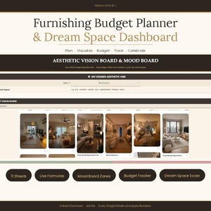 Puede incluir: Un planificador de presupuesto de mobiliario y panel de control de espacio de ensueño digital con secciones para planificar, visualizar, presupuestar, rastrear y celebrar. Incluye un tablero de visión estética, mood board y botones para 11 hojas y fórmulas.