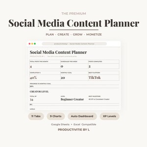 Planilha de Planejamento de Conteúdo para Mídias Sociais do Google, Calendário de Conteúdo, Análises, Planejador para Instagram e TikTok para Criadores de Conteúdo e Pequenas Empresas