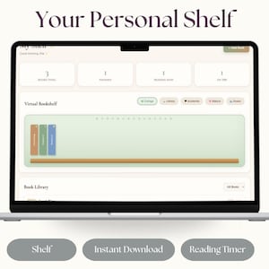 May include: A laptop displays a virtual bookshelf interface with the text "Your Personal Shelf." The screen shows book statistics and a digital bookshelf with book covers. Below the laptop are three gray buttons labeled "Shelf," "Instant Download," and "Reading Timer."