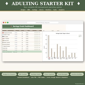 Adulting Starter Kit Spreadsheet, Budget Tracker, Bill Planner, Savings Goals, Chore System, Life Admin, Excel Google Sheets