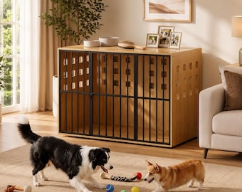 Móvel para cães em madeira maciça, canil ventilado para uso interno com porta de ferro, ideal para cães de grande porte.
