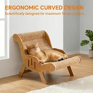 Könnte beinhalten: Ein hellfarbener Katzen-Loungesessel aus Holz mit einer geschwungenen, strukturierten Sisal-Kratzfläche. Über dem Sessel, auf dem eine schlafende orangefarbene Katze liegt, steht der Text ERGONOMIC CURVED DESIGN und Scientifically designed for maximum feline comfort.